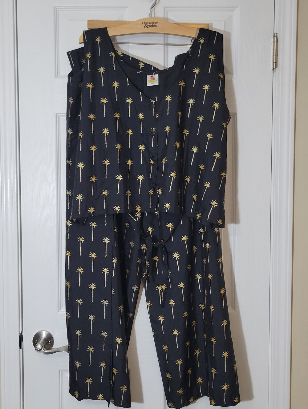 Resortwear Set Black w/ Gold Foil Palm Trees Button Tank Top Wrap Pants Size XXL